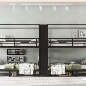 Queen Size Quadruple Metal Bunk Bed With Built-in Storage Shelves & Wardrobe