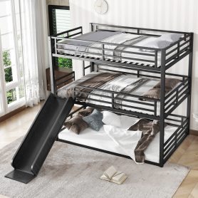 Metal Full Over Full Over Full Bunk Bed With Slide, and Safety Guardrails