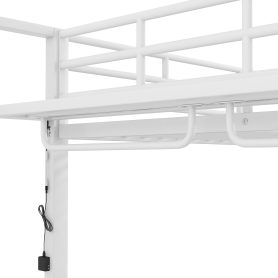Full Size Metal Bunk Bed With Storage Mesh Shelves, Clothes Hooks And LED Light