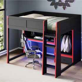 Wood Full Size Gaming Loft Bed With Built-in Desk, Wardrobe, Led And A Drawer