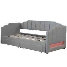 Twin XL Size Extendable Upholstered Daybed with Two Storage Drawers and LED Light