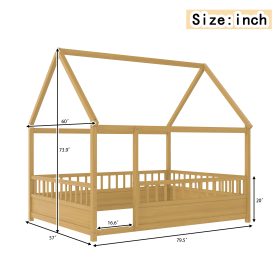 Full Size Wooden Floor Bed with House Roof Frame and Fence Guardrails