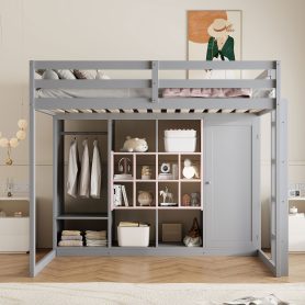 Full Size Wood Loft Bed with Wardrobe, Shelves and Cabinet