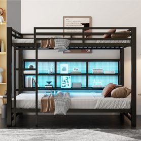 Metal Queen Over Queen Bunk Bed With Storage Cabinets And LED