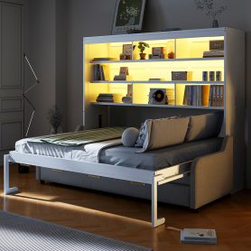 Full Size Murphy Cabinet Bed with Folding Sofa,Built-in Storage Shelves and LED Light