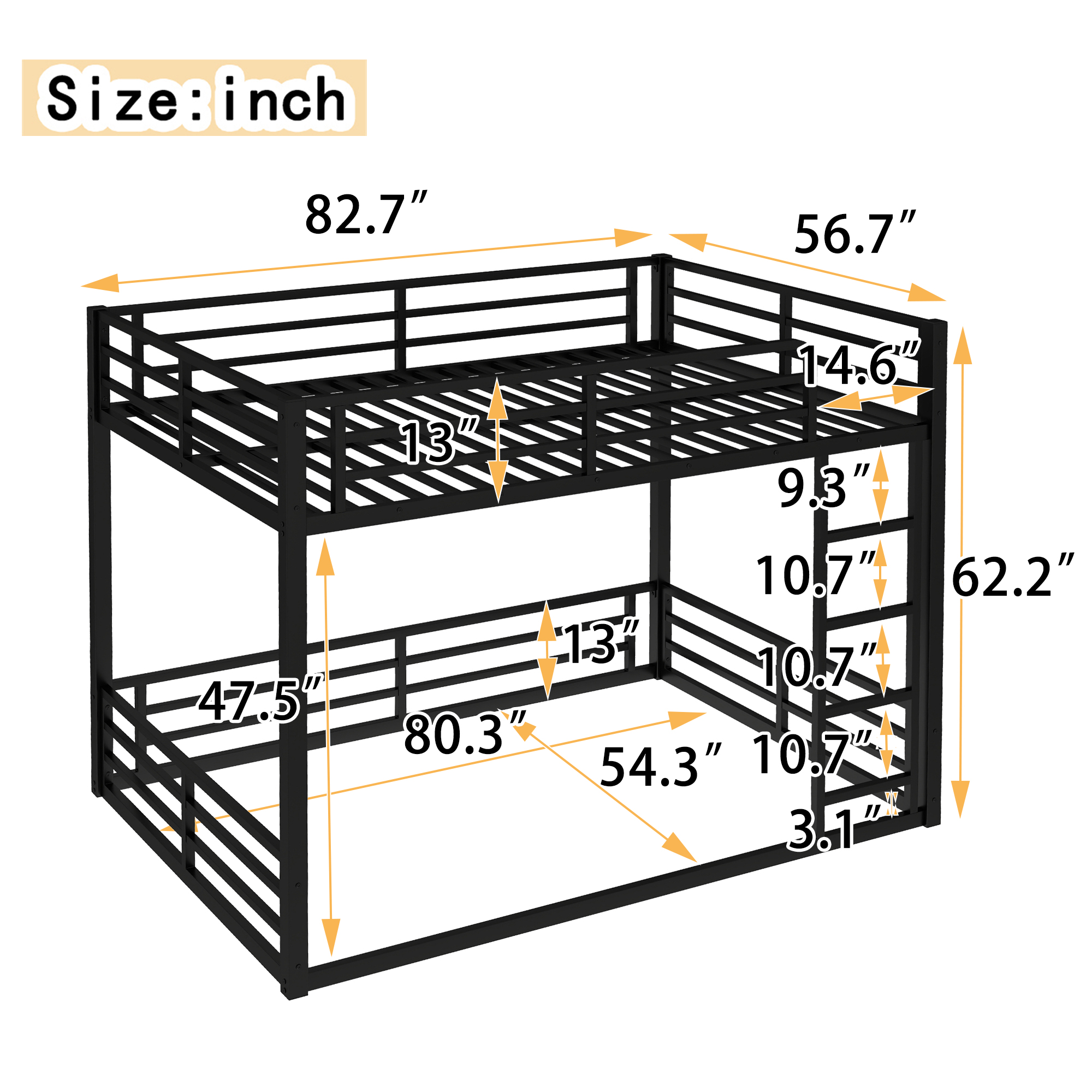 Metal Bunk Bed, Full Xl Over Full Xl Floor Bunk Bed Frame,heavy-duty Bunk Bed For Kids, Teens, Adults, Noise-reduced Design, Black
