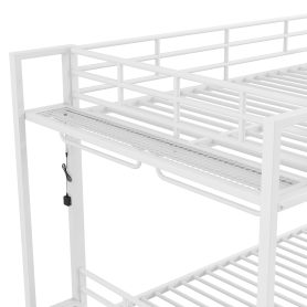 Full Size Metal Bunk Bed With Storage Mesh Shelves, Clothes Hooks And LED Light