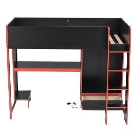 Wood Twin Size Gaming Loft Bed with Built-in Desk, Wardrobe, LED and a Drawer