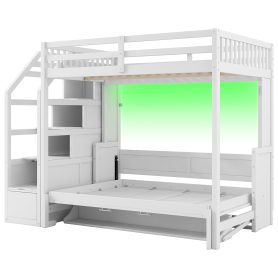 Full Xl Size Loft Bed With Storage Staircase And Full Size Murphy Bed With LED Light