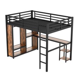 Metal Queen Size Loft Bed Frame with Built-in Wardrobe,  Desk and Storage Shelves