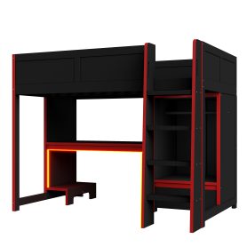Wood Twin Size Gaming Loft Bed with Built-in Desk, Wardrobe, LED and a Drawer