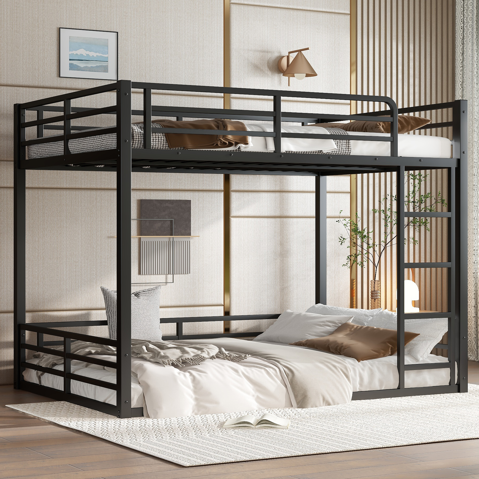Metal Bunk Bed, Full Xl Over Full Xl Floor Bunk Bed Frame,heavy-duty Bunk Bed For Kids, Teens, Adults, Noise-reduced Design, Black