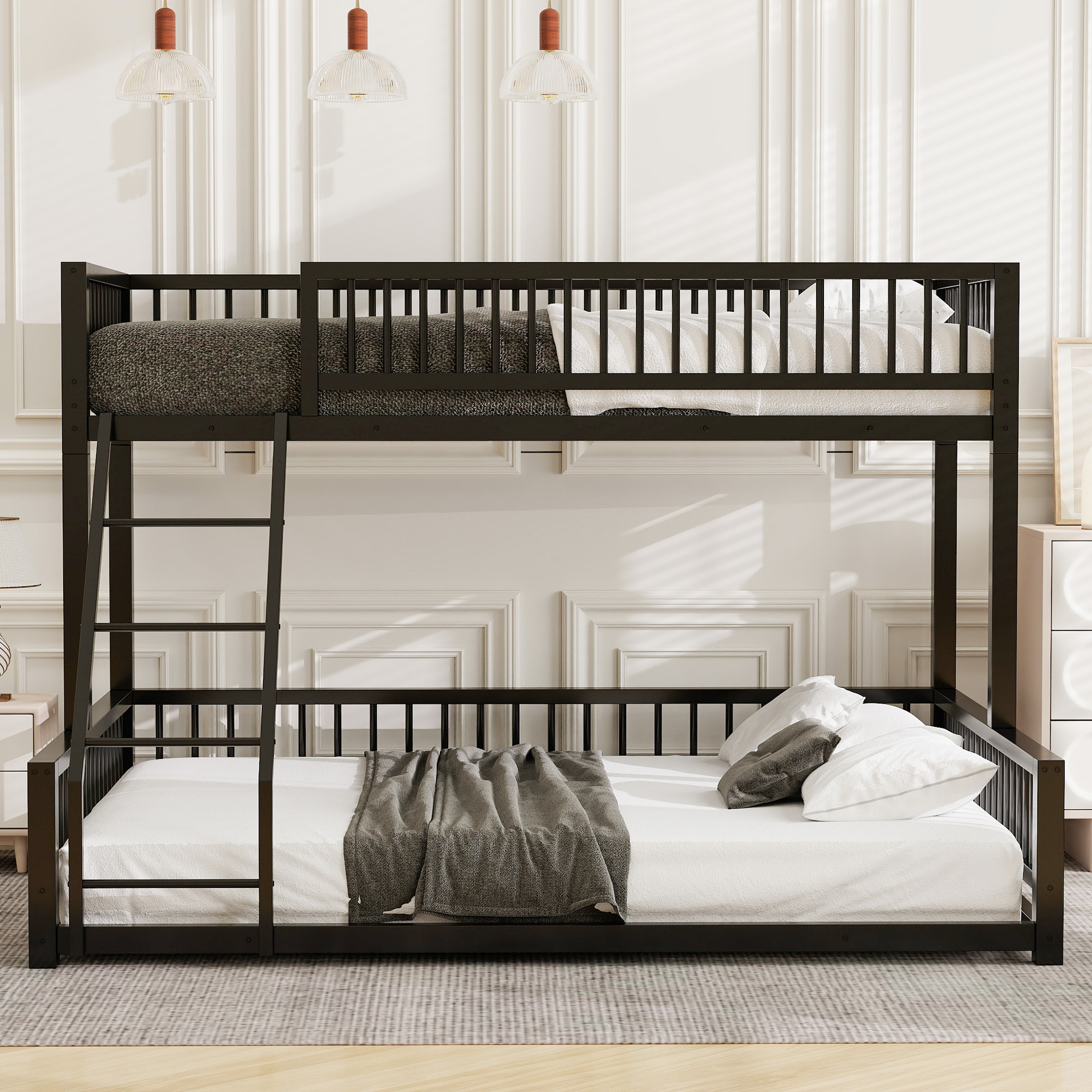 Twin XL over Queen Floor Bunk Bed with Ladder and Safety Guardrails