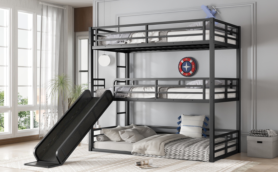 Metal Twin Xl Over Twin Xl Over Twin Xl Bunk Bed With Slide, and Safety Guardrails 17 Metal Twin Xl Over Twin Xl Over Twin Xl Bunk Bed With Slide, and Safety Guardrails