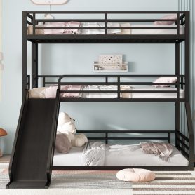 Metal Twin Over Twin Over Full Bunk Bed With Slide and Safety Guardrails