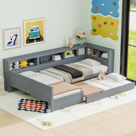 Wood Twin Size L-shaped Platform Bed with Trundle and a Drawer