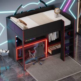 Wood Twin Size Gaming Loft Bed with Built-in Desk, Wardrobe, LED and a Drawer