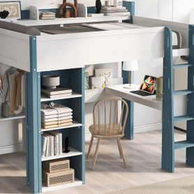 Full Size Wood Loft Bed With Built-in Storage Shelves, Clothes Rails And Desk