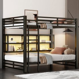 Metal Queen Over Queen Bunk Bed With Storage Cabinets And LED