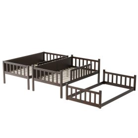 Twin Size Triple Rubber Wood Bunk Bed, with Ladders and Guardrails