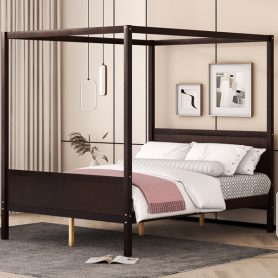 Queen Size Canopy Bed with Headboard and Footboard, Slat Support Leg