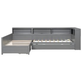 Wood Twin Size L-shaped Platform Bed with Trundle and a Drawer