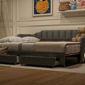 Twin XL Size Extendable Upholstered Daybed with Two Storage Drawers and LED Light