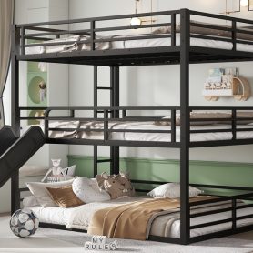Metal Queen Over Queen Over Queen Bunk Bed With Slide, and Safety Guardrails