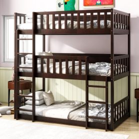 Twin Size Triple Rubber Wood Bunk Bed, with Ladders and Guardrails