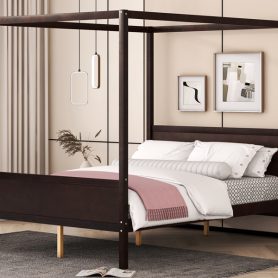 Queen Size Canopy Bed with Headboard and Footboard, Slat Support Leg