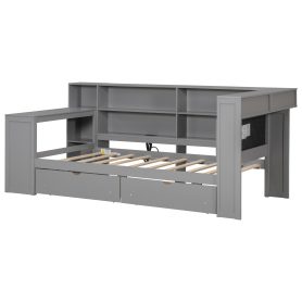 Wood Twin Size Platform Bed with Storage Shelves, Drawers, Charging Station, LED, Desk and Upholstered Headboard