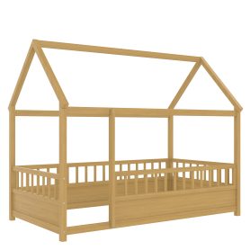 Twin Size Wooden Floor Bed with House Roof Frame and Fence Guardrails 19 Twin Size Wooden Floor Bed with House Roof Frame and Fence Guardrails