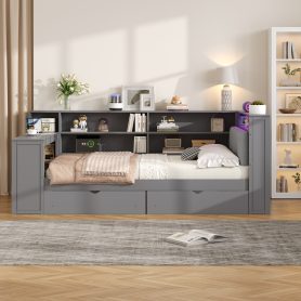 Wood Full Size Platform Bed with Storage Shelves, Drawers, Charging Station, LED, Desk and Upholstered Headboard