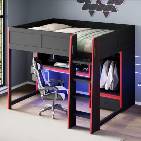 Wood Full Size Gaming Loft Bed With Built-in Desk, Wardrobe, Led And A Drawer