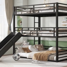 Metal Queen Over Queen Over Queen Bunk Bed With Slide, and Safety Guardrails