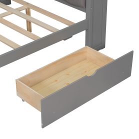 Wood Full Size Platform Bed with Storage Shelves, Drawers, Charging Station, LED, Desk and Upholstered Headboard