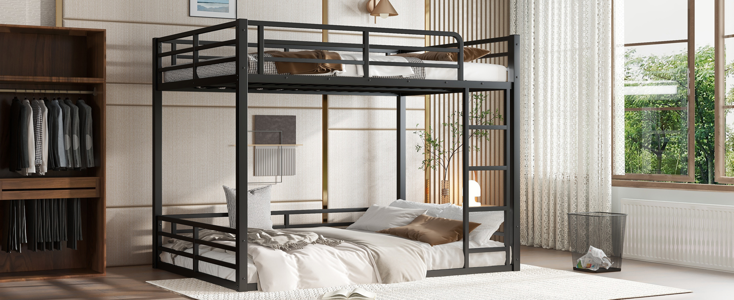 Metal Bunk Bed, Full Xl Over Full Xl Floor Bunk Bed Frame,heavy-duty Bunk Bed For Kids, Teens, Adults, Noise-reduced Design, Black