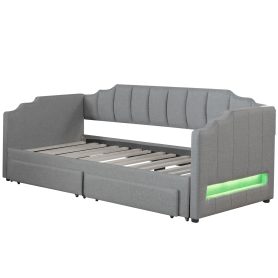 Twin XL Size Extendable Upholstered Daybed with Two Storage Drawers and LED Light