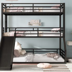 Metal Twin Over Twin Over Full Bunk Bed With Slide and Safety Guardrails