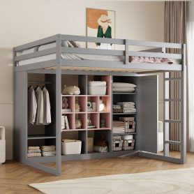 Full Size Wood Loft Bed with Wardrobe, Shelves and Cabinet