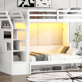 Full Xl Size Loft Bed With Storage Staircase And Full Size Murphy Bed With LED Light