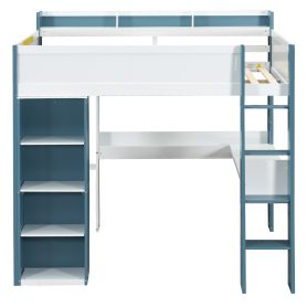 Full Size Wood Loft Bed With Built-in Storage Shelves, Clothes Rails And Desk