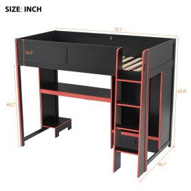 Wood Twin Size Gaming Loft Bed with Built-in Desk, Wardrobe, LED and a Drawer