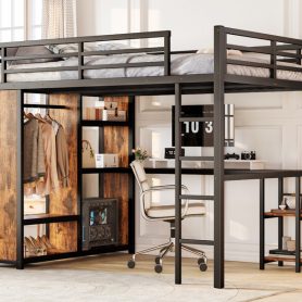 Metal Queen Size Loft Bed Frame with Built-in Wardrobe,  Desk and Storage Shelves