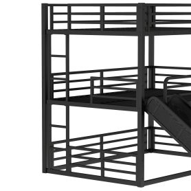Metal Full Over Full Over Full Bunk Bed With Slide, and Safety Guardrails