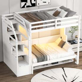 Full Xl Size Loft Bed With Storage Staircase And Full Size Murphy Bed With LED Light