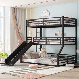 Metal Twin Over Twin Over Full Bunk Bed With Slide and Safety Guardrails