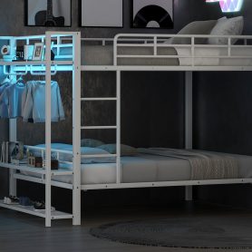 Full Size Metal Bunk Bed With Storage Mesh Shelves, Clothes Hooks And LED Light