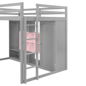 Full Size Wood Loft Bed with Wardrobe, Shelves and Cabinet