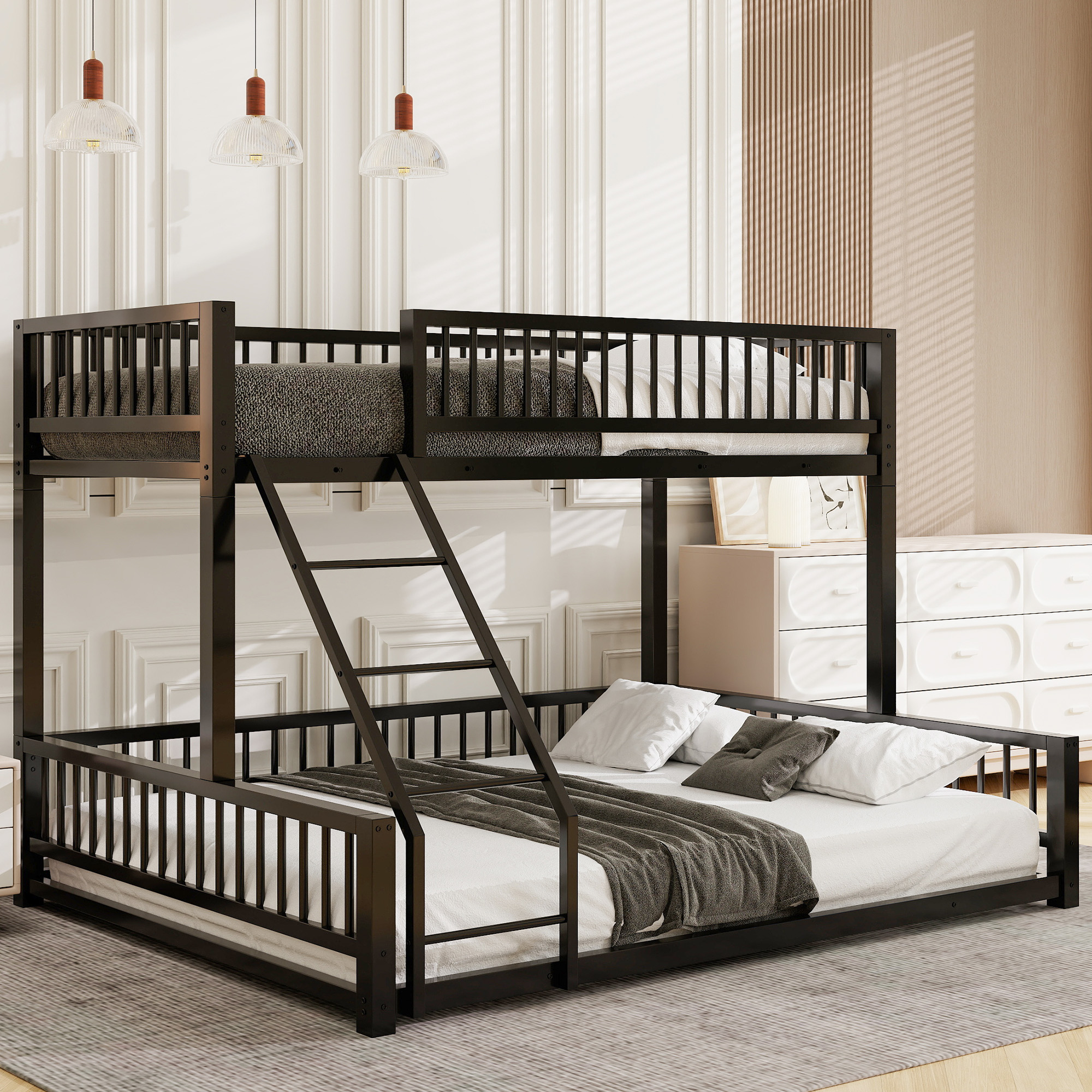 Twin XL over Queen Floor Bunk Bed with Ladder and Safety Guardrails